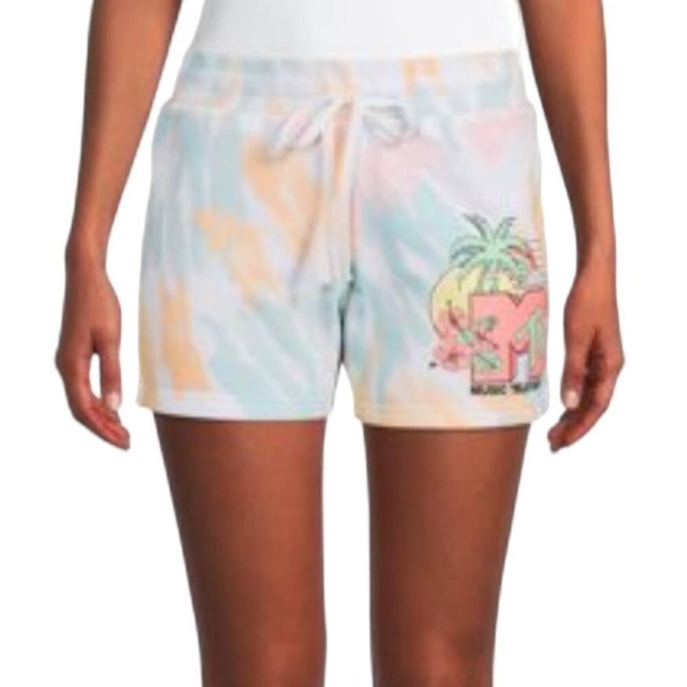 MTV Orange Tie Dye Tropical Print Graphic Fleece Shorts ~ Women's Size LARGE